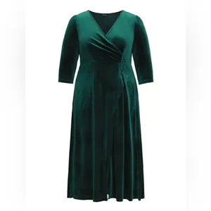 Green Velvet Wrap Gathered Split Front Pockets Dress Size 18 thumbnail 4