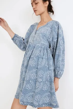 Madewell Bubble-Sleeve Button Front Mini Dress in Indigo Paisley Sz. M thumbnail 1