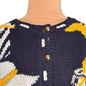 Vintage Eagles Eye Hat Motif Knit Cardigan Navy Yellow‎ Small Whimsical Cottage thumbnail 2