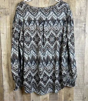 Unbranded Xxl Tribal Print Notched V-Neck Top w/Long Puff Sleeve & Shirr… thumbnail 2