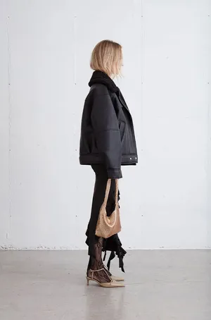 Oak + Fort Black Faux Leather Jacket with Shearling Collar thumbnail 3