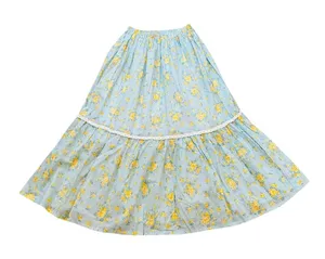 Womens Midi Skirt Light Blue Yellow Floral Cottagecore Boho Feminine Summer thumbnail 1