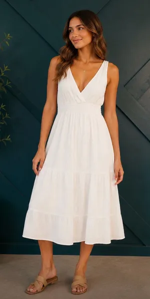 White Gauze Midi Dress Boho Cottagecore V-Neck Tiered Coastal Casual Lightweight thumbnail 1