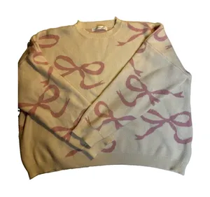 Altar’d State Women’s Cream Pink Bow Sweater Knit Top XL Coquette Oversized thumbnail 1
