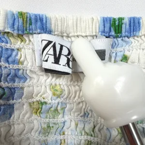 Zara Linen Blend Floral‎ Crop Top Puff Sleeve Smocked White Blue Women's M thumbnail 2