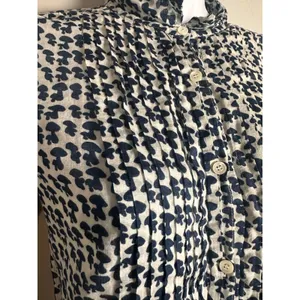 J.Crew Mushroom Print Pintuck Pleated Button‎ Front Blouse Navy White Y2K 82254 thumbnail 2