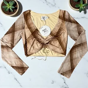 Princess Polly‎ Brown Plaid Long Sleeve Ruched Crop Top Size US 10 EU 42 thumbnail 1