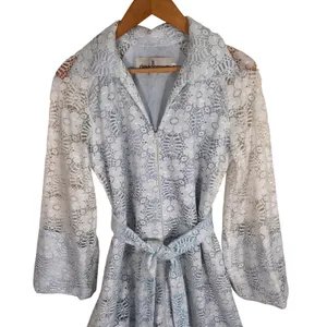 Vintage David Brown Light Blue Floral Lace Maxi Dress Zip Front Belted Small thumbnail 2