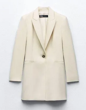 Zara blazer long jacket beige double breasted casual business thumbnail 1