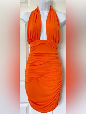 Zara Bright Orange Backless Halter Ruched Mini Dress thumbnail 4