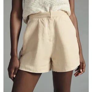 Anthropologie Mon Renn Coast Linen Shorts S Pleated Tan Open Side Ric Rac thumbnail 3