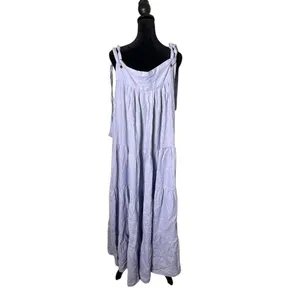 Womens Tiered Tie Should BOHO Pinafore Maxi Dress OS Lavender 100% Linen thumbnail 4