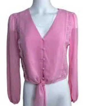 WAYF V-neck Pink Tie Front Blouse Lace Accent Top Small thumbnail 1