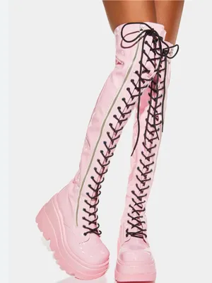 Demonia Shaker 374 Pink Patent Over-the-Knee Platform Lace-Up Boots thumbnail 2