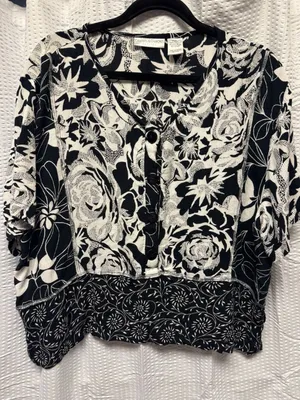 Women Draper and Damons PXL Rayon Black Off White‎ Floral Button Pullover Blouse thumbnail 1