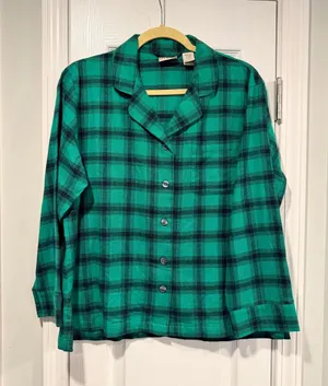 L.L.Bean Size SP Green Plaid Flannel Pajama Top Button Front 100% Cotton Pocket thumbnail 1