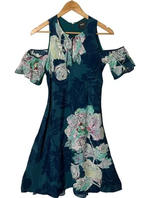 Anthropologie Maeve Cold Shoulder Tropical Floral Dress Size 2 Ruffle Sleeves thumbnail 1