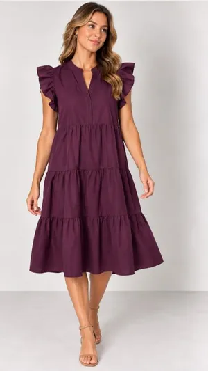 Entro Dress Womens L Purple Ruffle Tiered Flutter Sleeve Trapeze Midi thumbnail 1