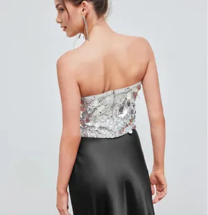 Cider SEQUIN ASYMMETRICAL SPLIT TUBE CROP TOP thumbnail 3