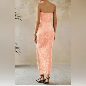 NEW Velvet Maxi Tube Strapless Side Slit Floral Bodycon Cocktail Dress L thumbnail 4
