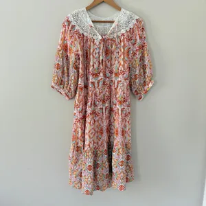 Anthropologie Lounge Dress Florence Floral Lace XS Boho Tiered Puff Sleeve thumbnail 6
