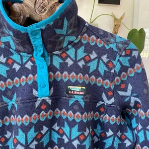 L.L. Bean Aztec Southwestern Print Pullover Fleece Jacket Sweatshirt 1/4 Snap L thumbnail 2
