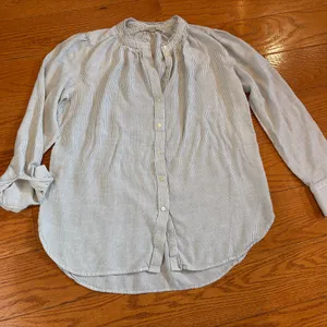 LOFT Blue Striped Ruffle Collar Button Down Coastal Blouse M thumbnail 1