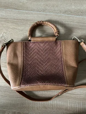 Anthropologie Tan faux Leather Woven-Accent Satchel with Strap thumbnail 6