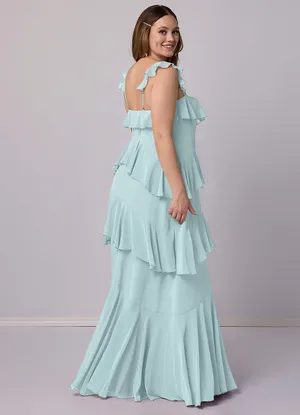 NWT Azazie X Barbie 1025 A-Line Sweetheart Neckline Chiffon Ruffle Detail Maxi Dress Mist Blue thumbnail 2