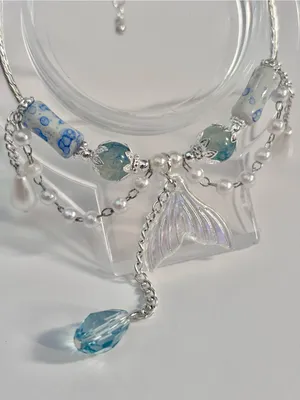 Handmade Hand Crafted Silver Bracelet with Blue and White Beads and Mermaid Tail Charm thumbnail 2