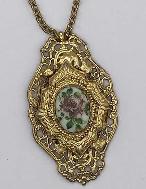Vintage Victorian Revival filigree 27” necklace. Painted rose on porcelain thumbnail 1