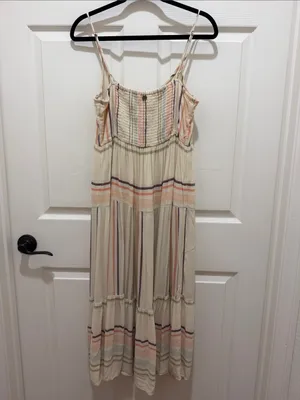 Rip Curl Villa Smocked Cotton Midi Dress - Pastel Stripe - Size Medium - travel thumbnail 5
