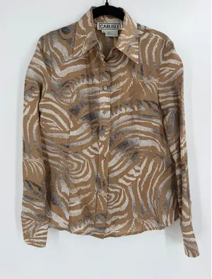 Carlisle Silk Blouse Womens Size 4 S Tan Zebra Print Y2K Safari Quiet Luxury thumbnail 1