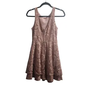 Pink Lace Fit Flare‎ Dress XS Sleeveless Ruffle Hem Party thumbnail 3