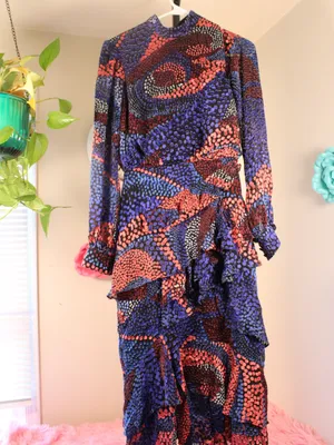 SALONI Blue Isa Ruffle Velvet Burnout Midi Dress US 2 UK 6 MSRP $850 thumbnail 4
