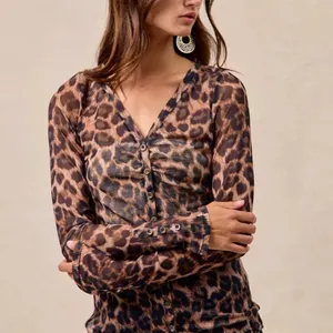 BiBi Leopard Printed Mesh‎ Shirt With Button Up V Neck Size XL thumbnail 4