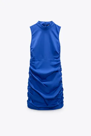 Dress Wedding cobalt blue ruched stretch poplin mini dress thumbnail 5