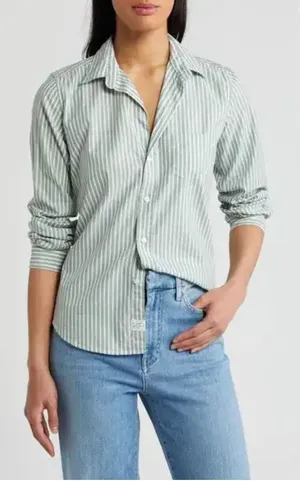 Frank & Eileen Barry Stripe Tailored Green White Button Down Shirt Cotton SZ‎ XS thumbnail 1
