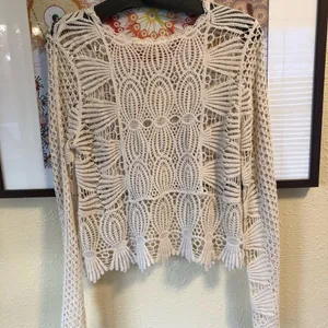 Rebellion NEW Cream Cotton Crochet Long Sleeve Sweater M thumbnail 8