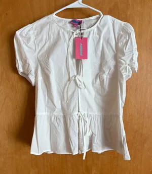 Edikted White‎ Tie-Front Peplum Top Short Sleeve Blouse Womens Size M NEW thumbnail 1