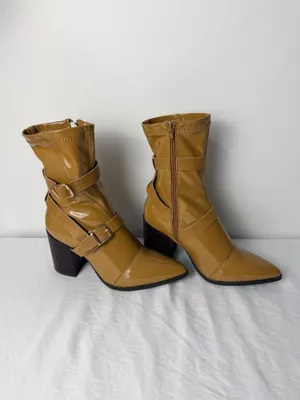 Bamboo Patent Leather Ankle Boots Women’s 7.5 Block Heel Buckle Strap Tan Brown thumbnail 10