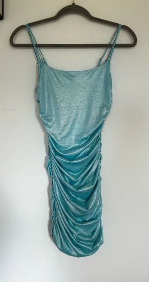 Lucy in the Sky Light Blue Ruched Slinky Bodycon Mini Dress Size Small thumbnail 1