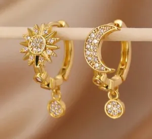 Sun Moon Huggie Hoop Earrings 18K Gold PVD Stainless Steel CZ Celestial Dangle thumbnail 1