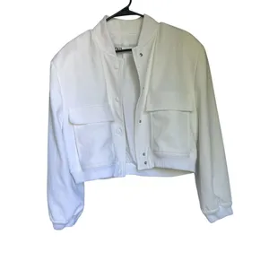 Zara Cream Linen Blend Snap Button Mock Neck Cropped Bomber Varsity Jacket L thumbnail 2
