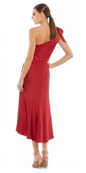 MAC DUGGAL One-Shouder Bow Satin Midi A-Line Dress in Deep Red Size US 8 thumbnail 2