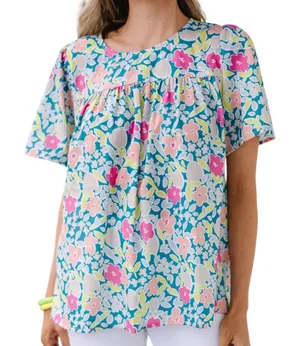 Jodifl Floral Babydoll Blouse M Teal Pink Orange Short Sleeve Boho Spring thumbnail 1