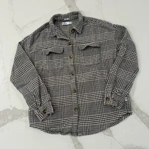Hollister Boyfriend Fit Houndstooth ButtonUp Flannel Shirt Womens Small Gray/Tan thumbnail 2