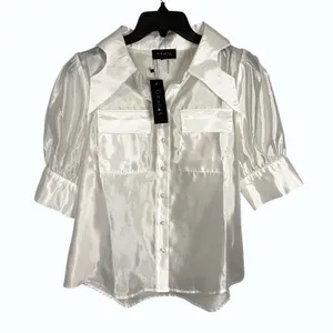 Gracia Satin Button Down Blouse Women Medium White Chic Puff Sleeve Collared Top thumbnail 2