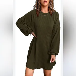 Women's Long Sleeve Medium Olive‎ Green Midi Sweater Dress Ribbed High Waist thumbnail 3