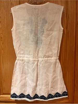 Tory Burch Margarita‎ Cream Linen Tunic Cover-Up Navy Blue Embroidery Size XS thumbnail 9